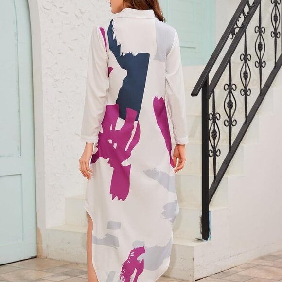 Long Sleeve Maxi Shirt Dress Polyester Casual Vacation Office Wear - Picture 6 of 8